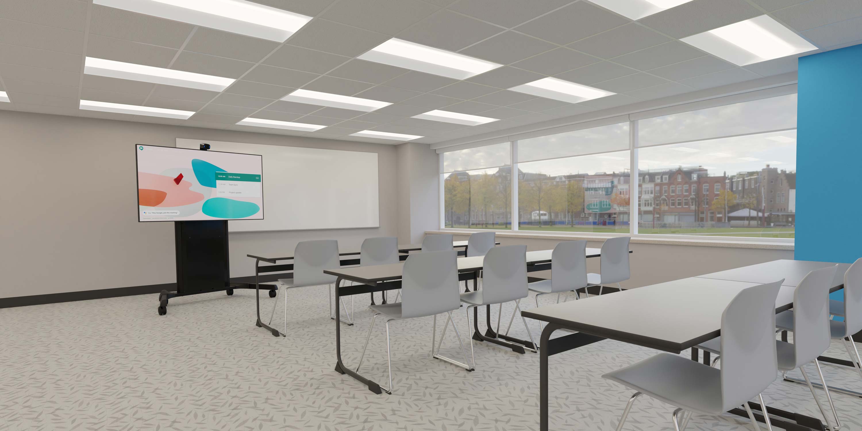 training space with windows and lights