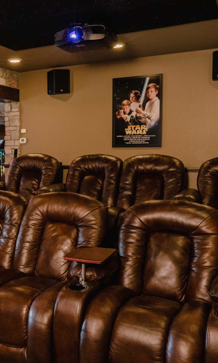 Sony Home Theater with wooden walls and ceiling in neutral colors